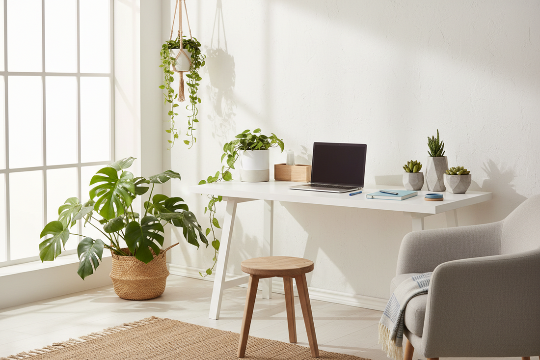 Botanical living home office with plants and eco workspace essentials