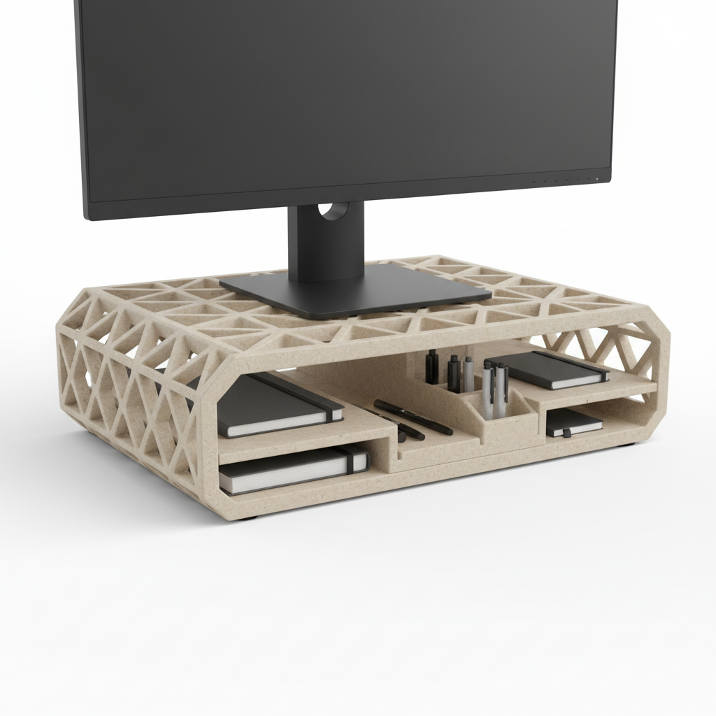 3D Printed Monitor Riser — Sustainable Ergonomic Desk Stand with Storage