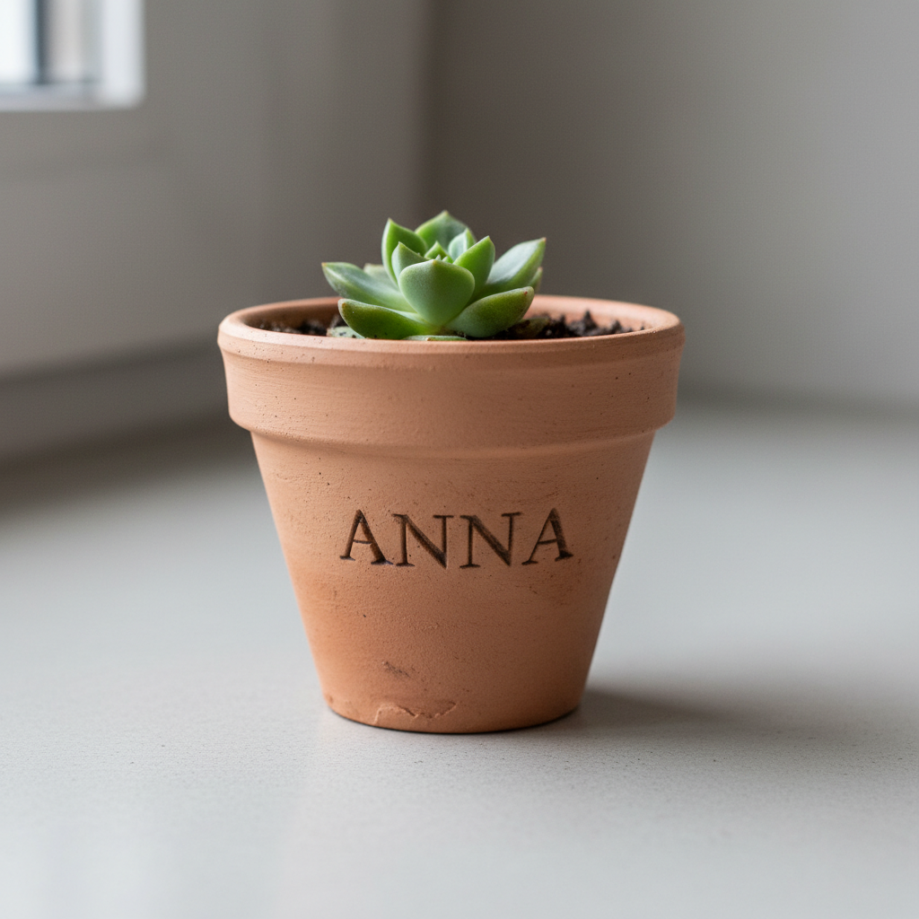 Personalised clay pot with small green succulent on plain light grey surface, minimal eco lifestyle